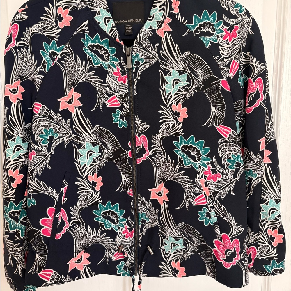 Banana Republic Navy Floral Zip Bomber Jacket with Pink & Teal Accents